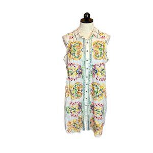 Cyrena Anthropologie Boho Embroidered Rainbow Butto Dress Sleeveless L Floral
